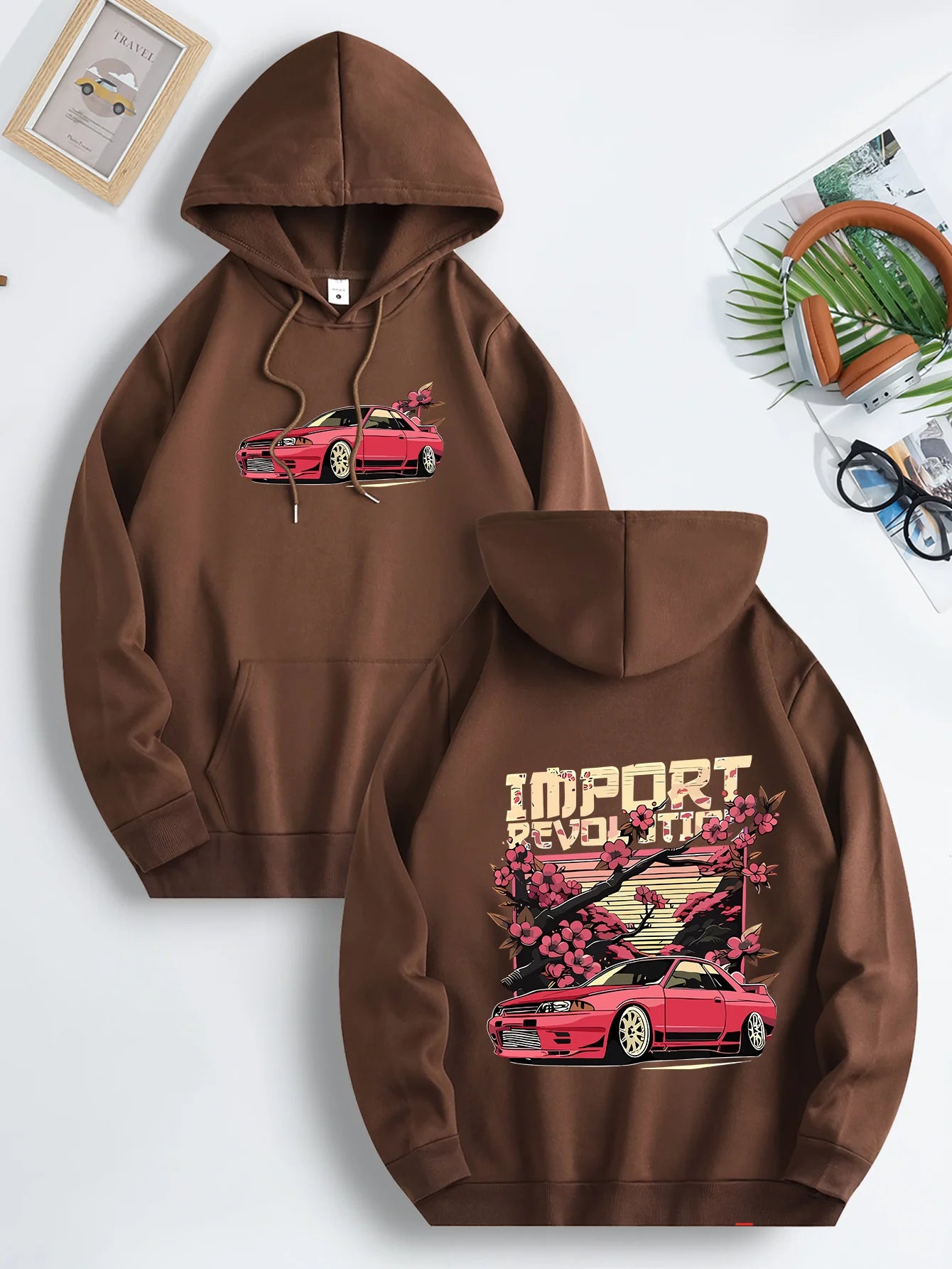 Mens Casual Hooded Sweatshirt with Japanese Cherry Blossom Red Sports Car Graphic Print Vibrant Blue Regular Fit Drawstring Hood