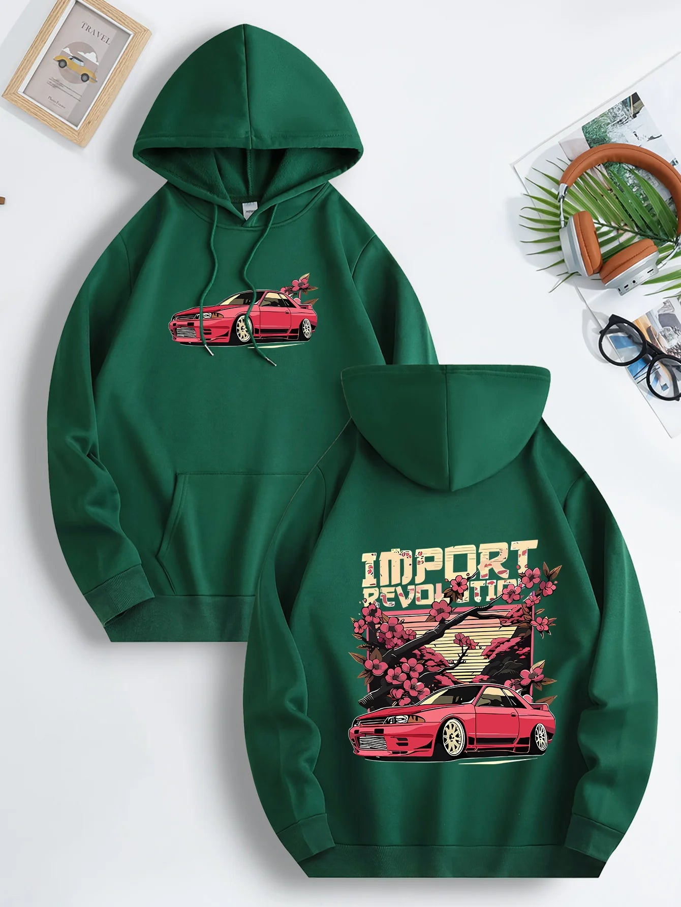 Mens Casual Hooded Sweatshirt with Japanese Cherry Blossom Red Sports Car Graphic Print Vibrant Blue Regular Fit Drawstring Hood