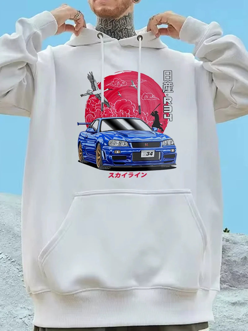 Japanese Cartoon Car Printed Design Pullover Hoodies Harajuku Men Graphic Popular Sweatshirt Fashion Roupas Masculinas