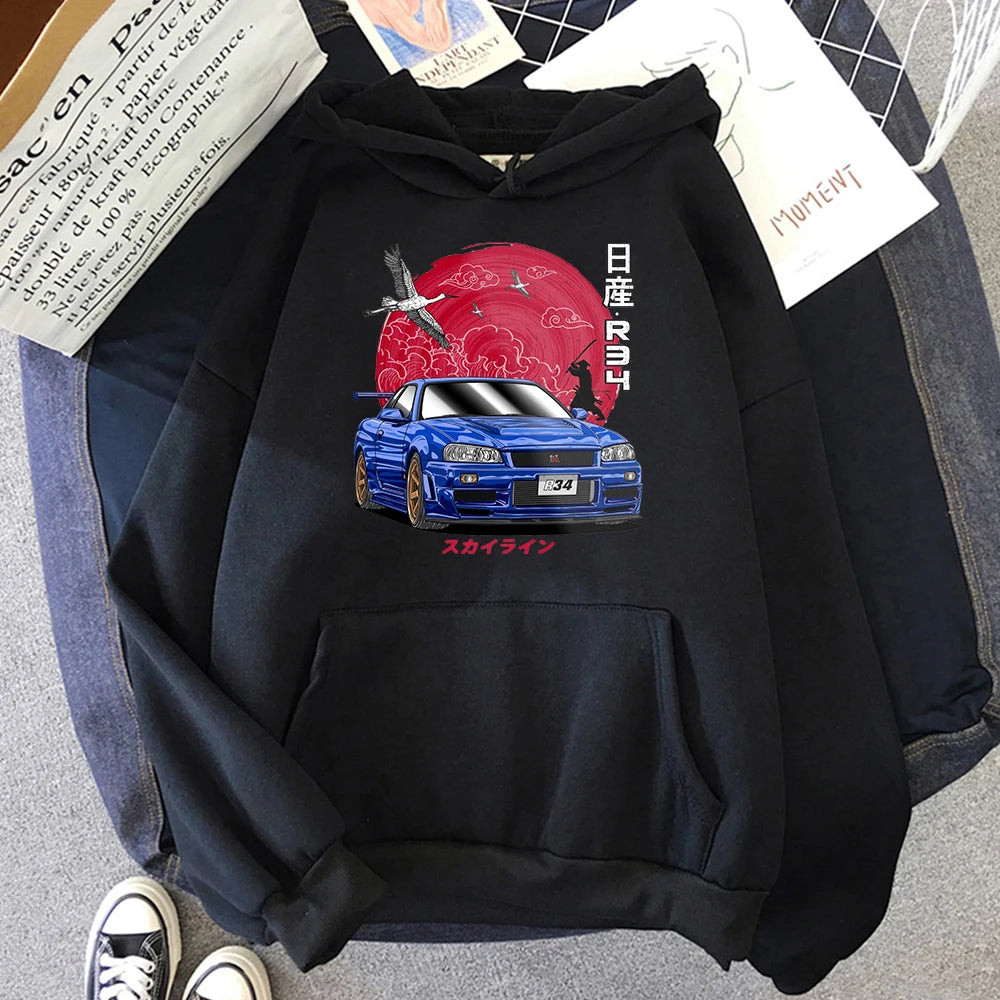 Japanese Cartoon Car Printed Design Pullover Hoodies Harajuku Men Graphic Popular Sweatshirt Fashion Roupas Masculinas