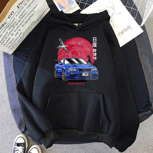 Japanese Cartoon Car Printed Design Pullover Hoodies Harajuku Men Graphic Popular Sweatshirt Fashion Roupas Masculinas