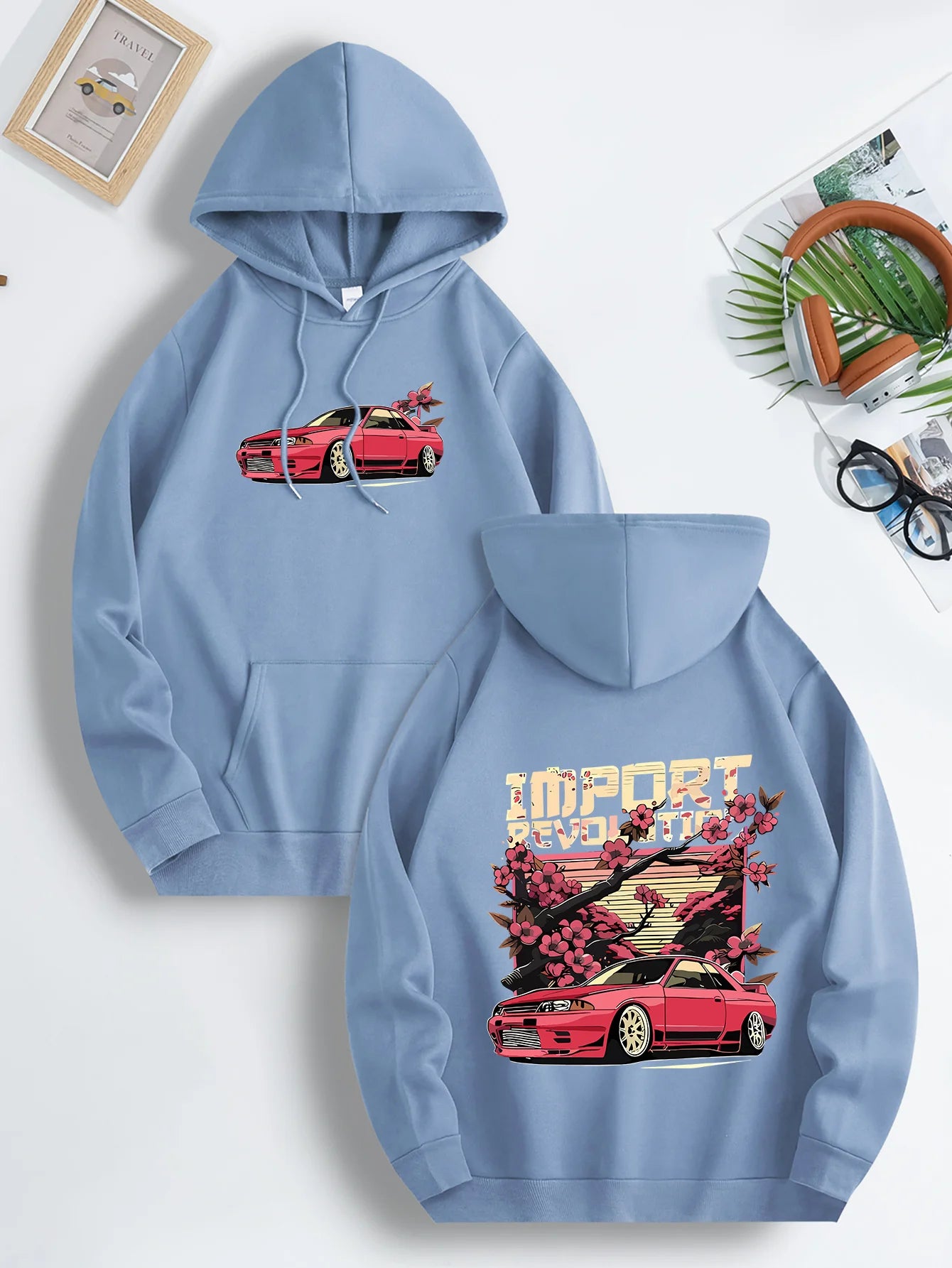 Mens Casual Hooded Sweatshirt with Japanese Cherry Blossom Red Sports Car Graphic Print Vibrant Blue Regular Fit Drawstring Hood