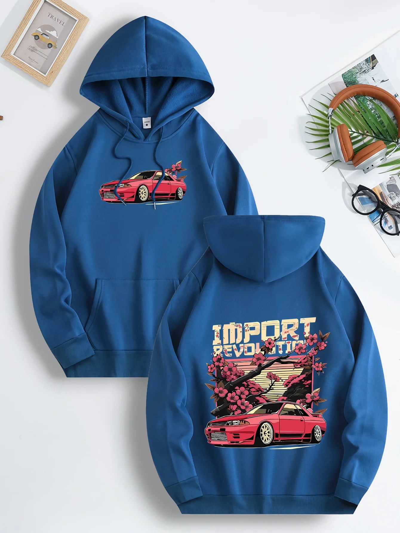 Mens Casual Hooded Sweatshirt with Japanese Cherry Blossom Red Sports Car Graphic Print Vibrant Blue Regular Fit Drawstring Hood