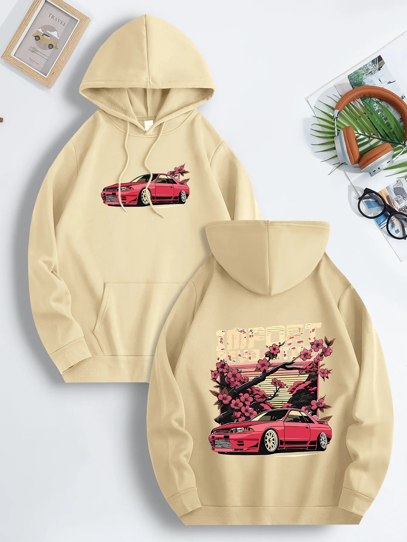 Mens Casual Hooded Sweatshirt with Japanese Cherry Blossom Red Sports Car Graphic Print Vibrant Blue Regular Fit Drawstring Hood