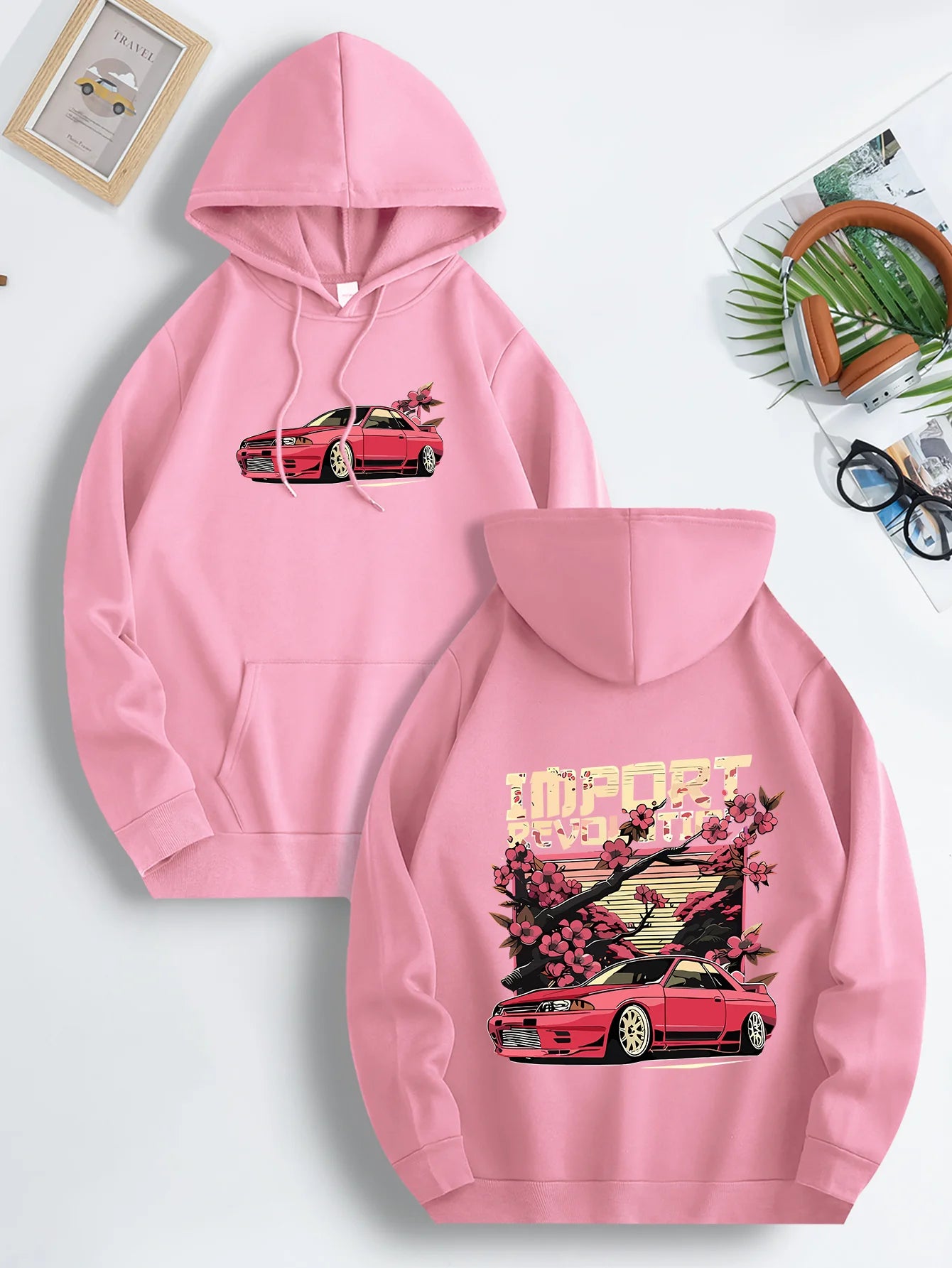 Mens Casual Hooded Sweatshirt with Japanese Cherry Blossom Red Sports Car Graphic Print Vibrant Blue Regular Fit Drawstring Hood