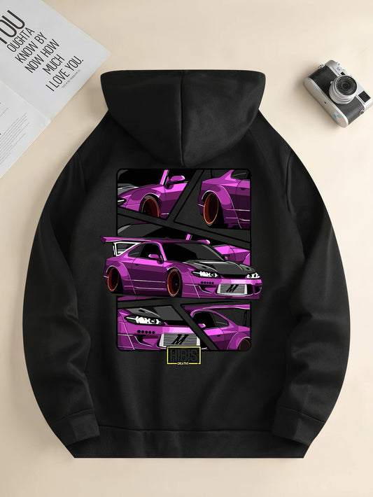 Men'S New Fashion Hoodie, Casual Daily Drawstring Hooded Sweatshirt Car Print, Front Kangaroo Pocket, Men'S Jacket