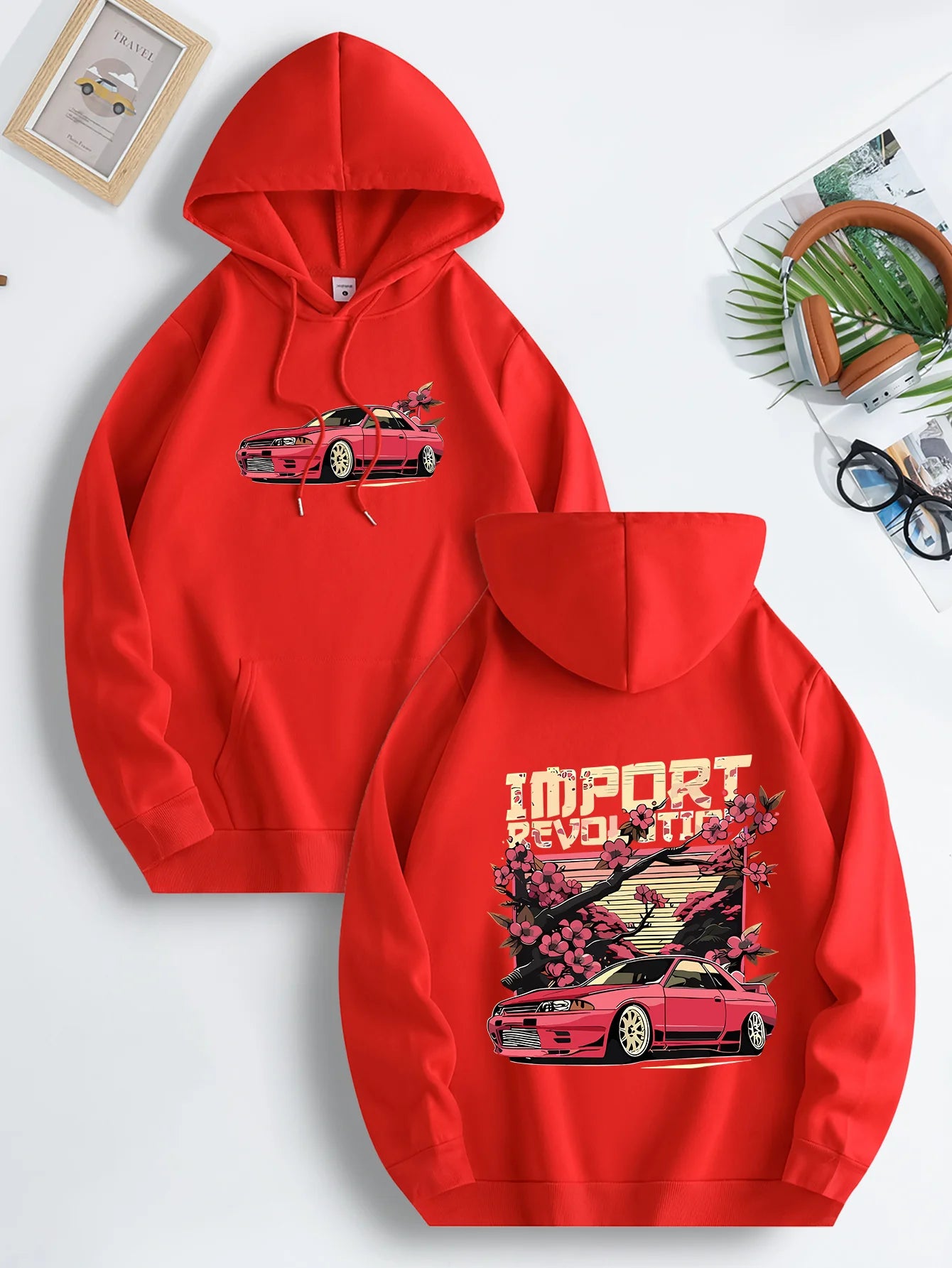 Mens Casual Hooded Sweatshirt with Japanese Cherry Blossom Red Sports Car Graphic Print Vibrant Blue Regular Fit Drawstring Hood