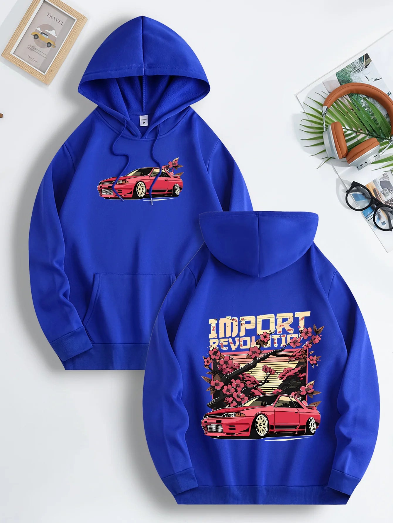 Mens Casual Hooded Sweatshirt with Japanese Cherry Blossom Red Sports Car Graphic Print Vibrant Blue Regular Fit Drawstring Hood